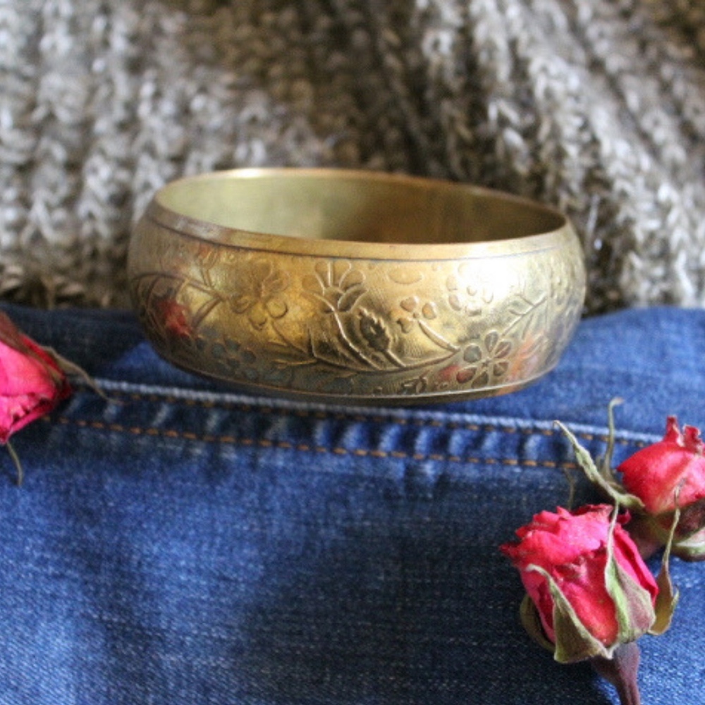 VINTAGE FLORAL STATEMENT BANGLE BRACELET METAL - Picture 3 of 6